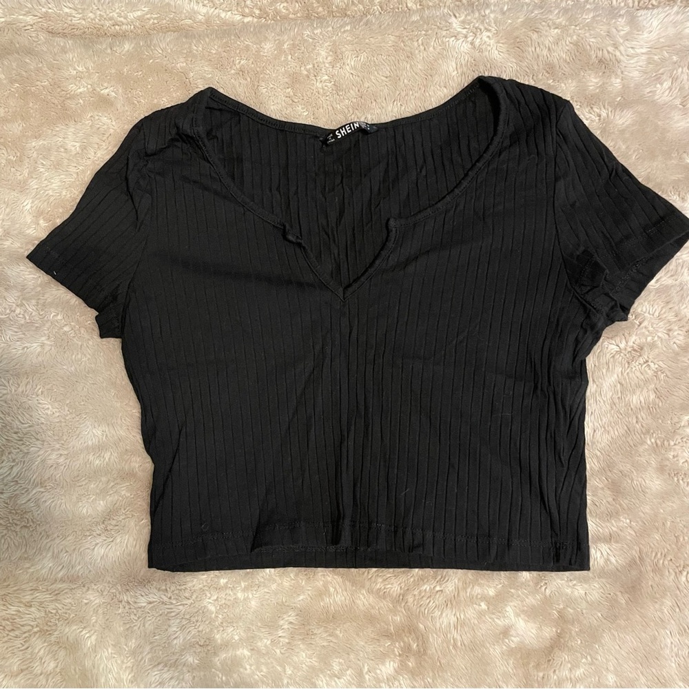 Shein basic v neck black ribbed cropped top